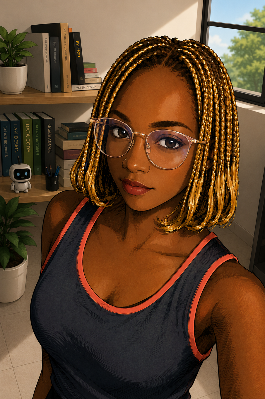 Illustrated portrait of Vera in a workspace
